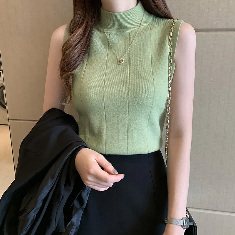 Novedad 2026: Chaleco de punto sin mangas de cuello medio alto, ajustado, de color liso, elegante y moderno, ideal como prenda interior para el día a día.