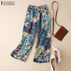 ZANZEA-pantalones informales de pierna ancha para mujer, pantalón Vintage con estampado Floral de Cachemira, cintura elástica, pantalones de algodón transpirables para primavera 2025