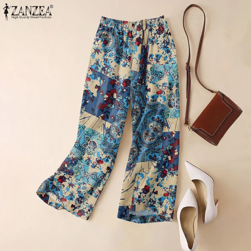 ZANZEA-pantalones informales de pierna ancha para mujer, pantalón Vintage con estampado Floral de Cachemira, cintura elástica, pantalones de algodón transpirables para primavera 2025