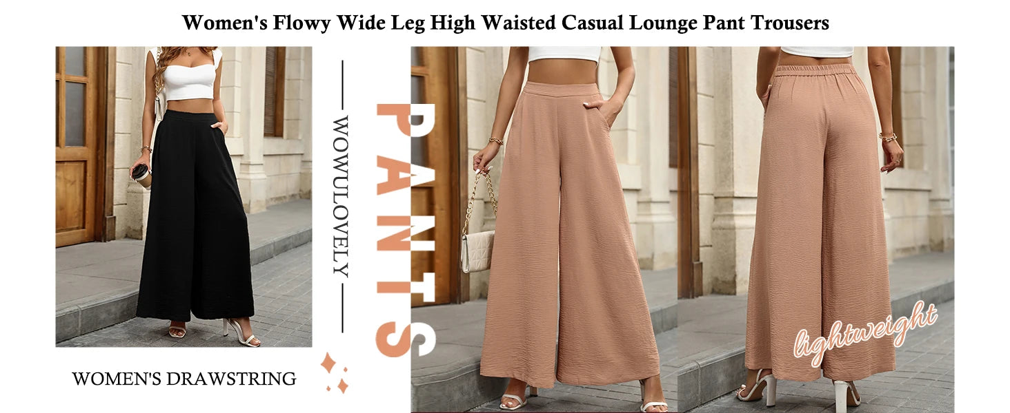 Pantalones de pierna ancha de talle alto para mujer Palazzo Casual Cintura elástica Lounge Pantalones largos fluidos con bolsillos