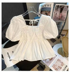 Blusa de Gasa con Manga Abullonada y Cuello Cuad, Estilo Verano 2025, para Mujer, Talla Pequeña
