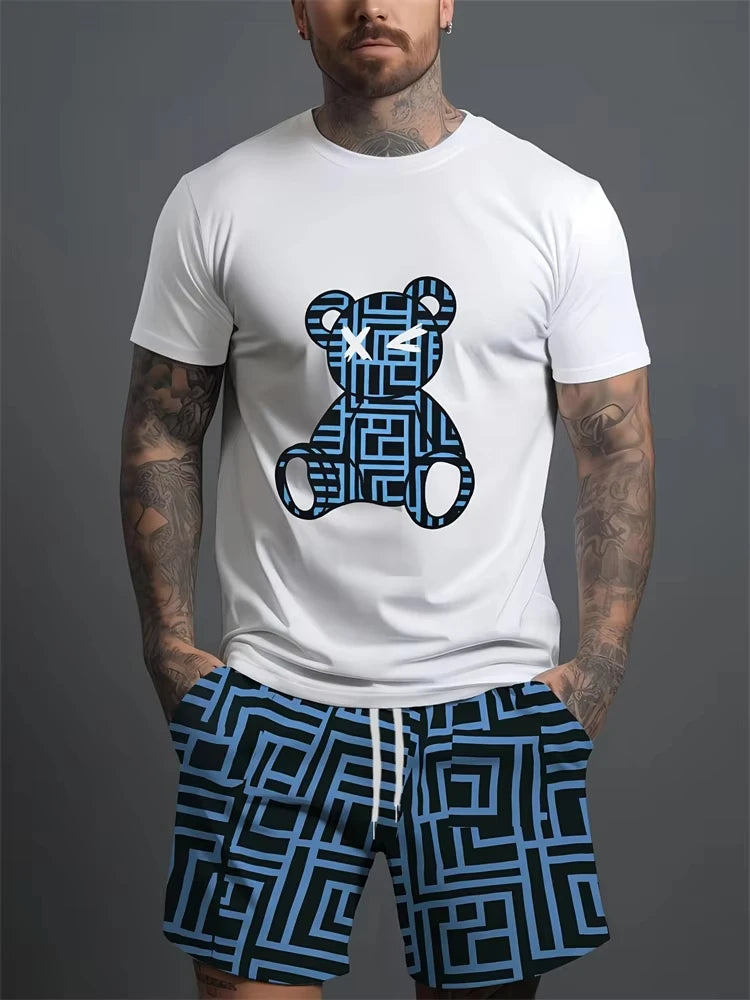 Conjunto informal de verano para hombre, pantalones cortos de playa para deportes al aire libre, moda urbana, estampado de oso, camiseta de manga corta ligera, 2025