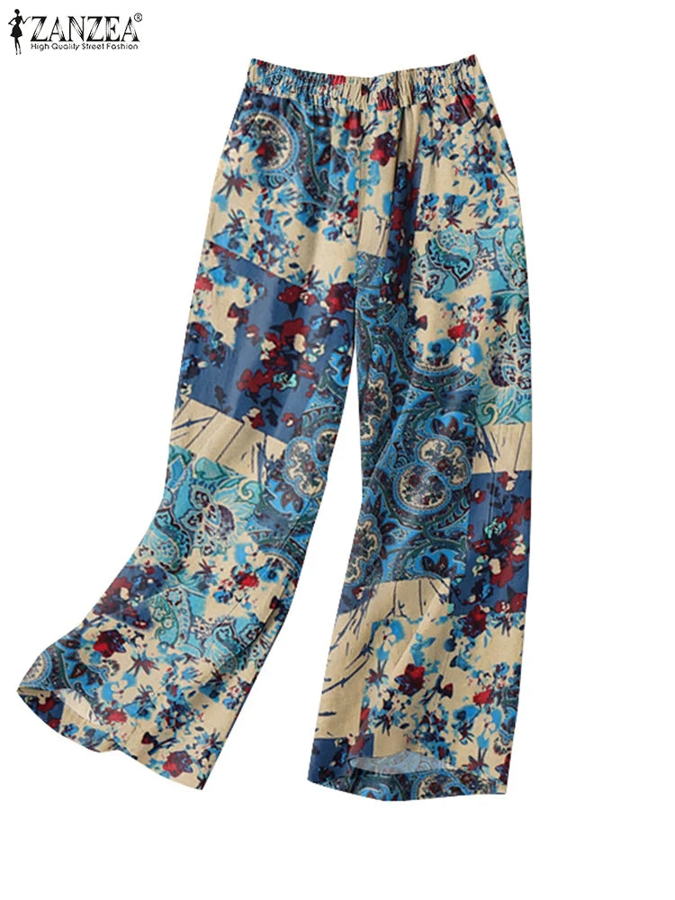 ZANZEA-pantalones informales de pierna ancha para mujer, pantalón Vintage con estampado Floral de Cachemira, cintura elástica, pantalones de algodón transpirables para primavera 2025