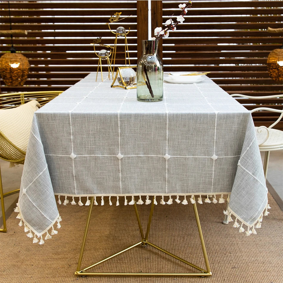 Mantel rectangular a cuadros, mantel de lino y algodón, mantel de granja, suave y sin arrugas, cubierta de mesa con borlas