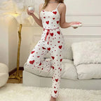 Regalo del Día de San Valentín Estampado de Corazones Sin Mangas Cami Tops con Pantalones Largos Conjunto de Pijamas de 2 Piezas para Mujer Ropa de Dormir Loungewear