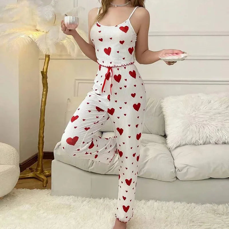 Regalo del Día de San Valentín Estampado de Corazones Sin Mangas Cami Tops con Pantalones Largos Conjunto de Pijamas de 2 Piezas para Mujer Ropa de Dormir Loungewear