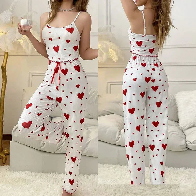 Regalo del Día de San Valentín Estampado de Corazones Sin Mangas Cami Tops con Pantalones Largos Conjunto de Pijamas de 2 Piezas para Mujer Ropa de Dormir Loungewear