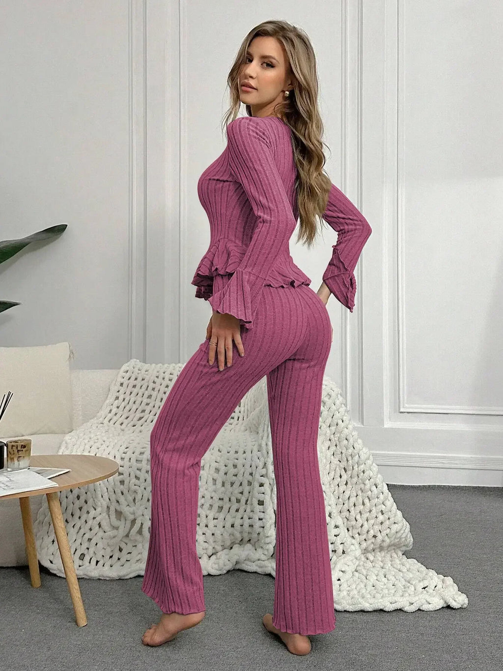 Ropa de dormir para mujer, conjuntos de pijamas de otoño e invierno, dos piezas, Tops y pantalones sexis de manga larga con cuello en V, ropa de descanso para el hogar