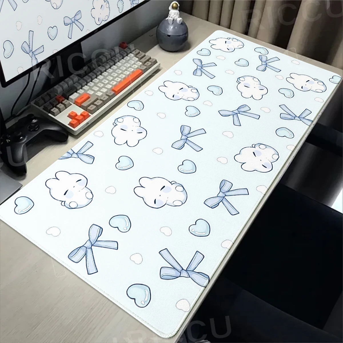 Alfombrilla de Ratón Grande Creativa con Diseño de Conejito con Lazo Azul, Alfombrilla de Escritorio para Oficina, Decoración para PC, Regalo Kawaii para Chicas, Alfombrilla Antideslizante para Computadora