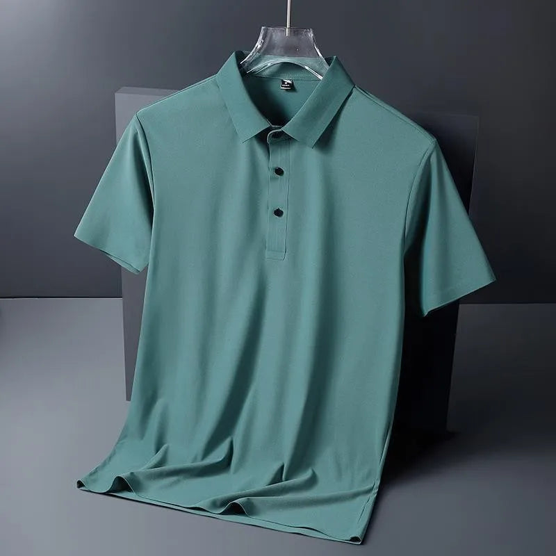 Polo de seda de hielo para hombre, camiseta de manga corta, elástica, sin hierro, fina, ligera, de lujo