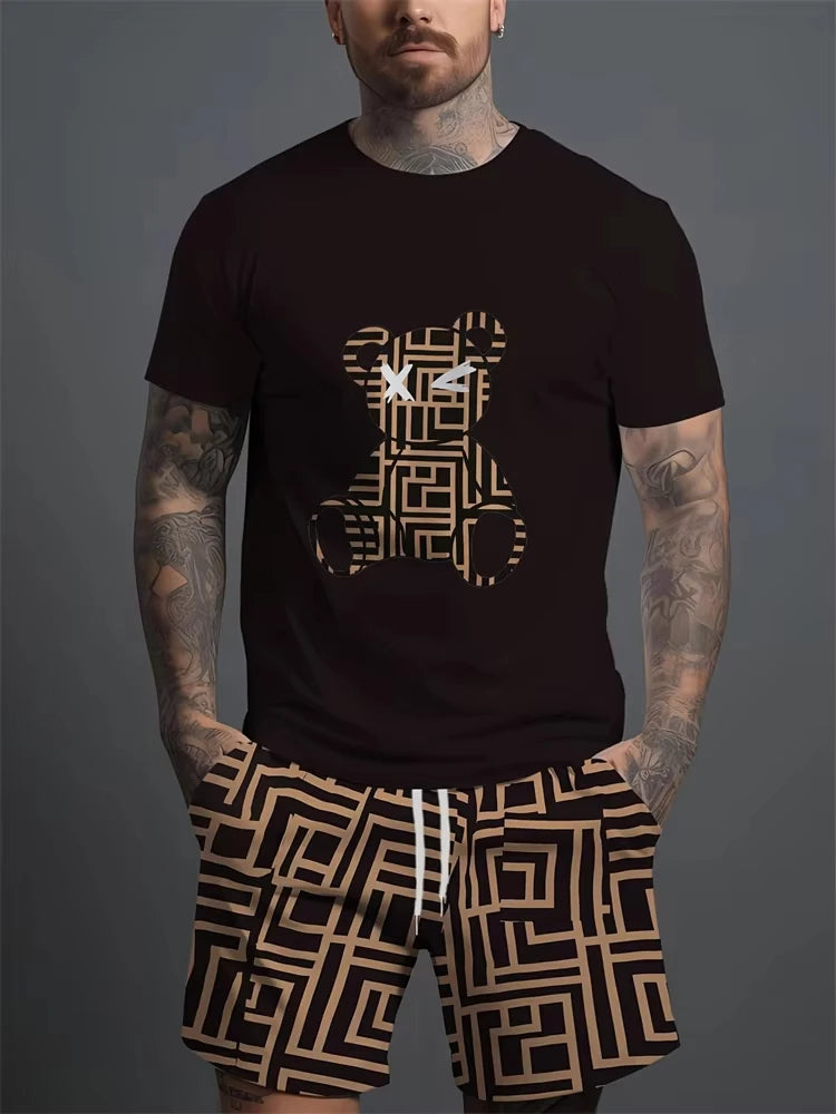 Conjunto informal de verano para hombre, pantalones cortos de playa para deportes al aire libre, moda urbana, estampado de oso, camiseta de manga corta ligera, 2025