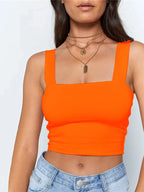 Top corto sin mangas con cuello cuadrado para mujer, camiseta básica informal negra blanca, camisola con hombros descubiertos, camiseta sin mangas Sexy con espalda descubierta