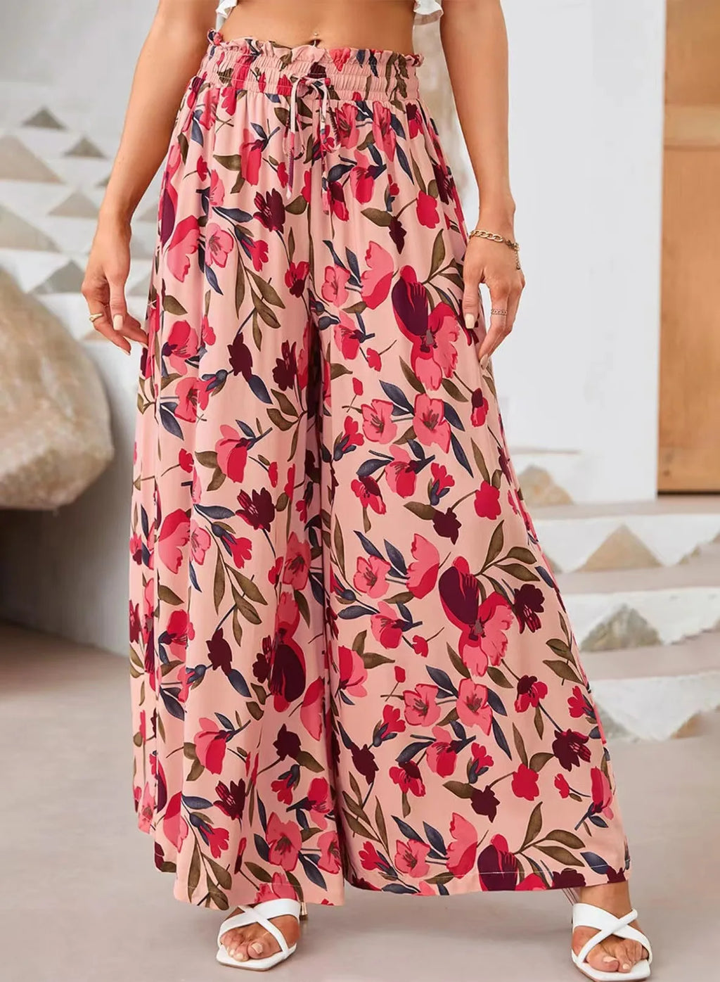 Pantalón largo de pierna ancha para mujer, Pantalón recto con estampado Floral, cintura elástica, ropa de calle Y2k, Capris Maxi elegante holgado de verano