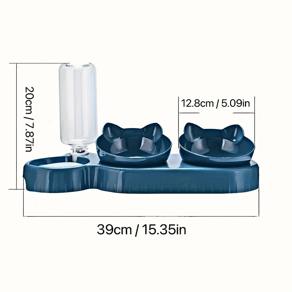 Cuencos para mascotas con alimentador de agua, diseño de oreja inclinado, juego de cuencos para agua y comida para gatos con botella de agua por gravedad para protección del cuello, 3 en 1