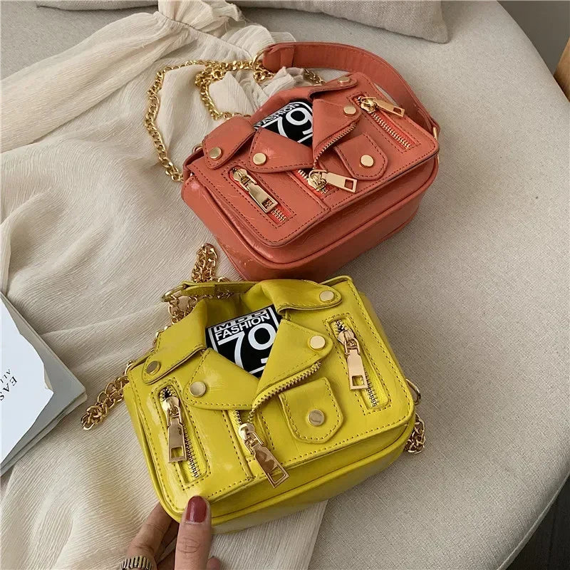 Bolsos de motocicleta de diseñador de marca famosa de moda europea, bolso de mensajero de hombro con forma de chaqueta de lujo, bolso de mano de cuero PU