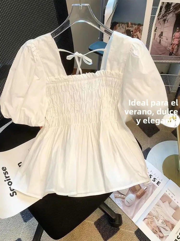 Blusa de Gasa con Manga Abullonada y Cuello Cuad, Estilo Verano 2025, para Mujer, Talla Pequeña