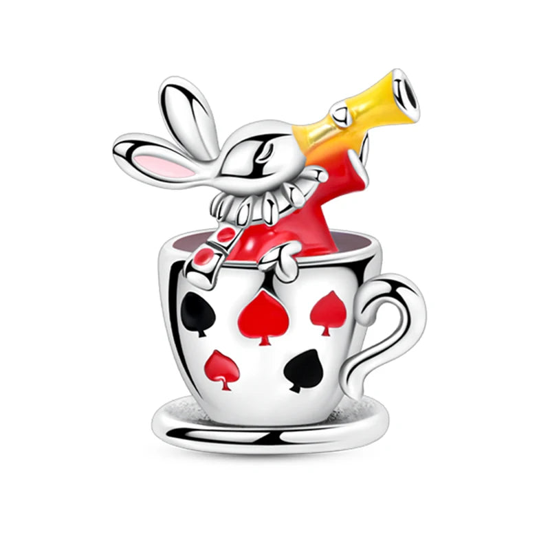 Colgante de Plata de Ley 925 con Diseño de Taza de Té y Conejo, Compatible con Pulseras Originales, Joyería DIY para Mujer