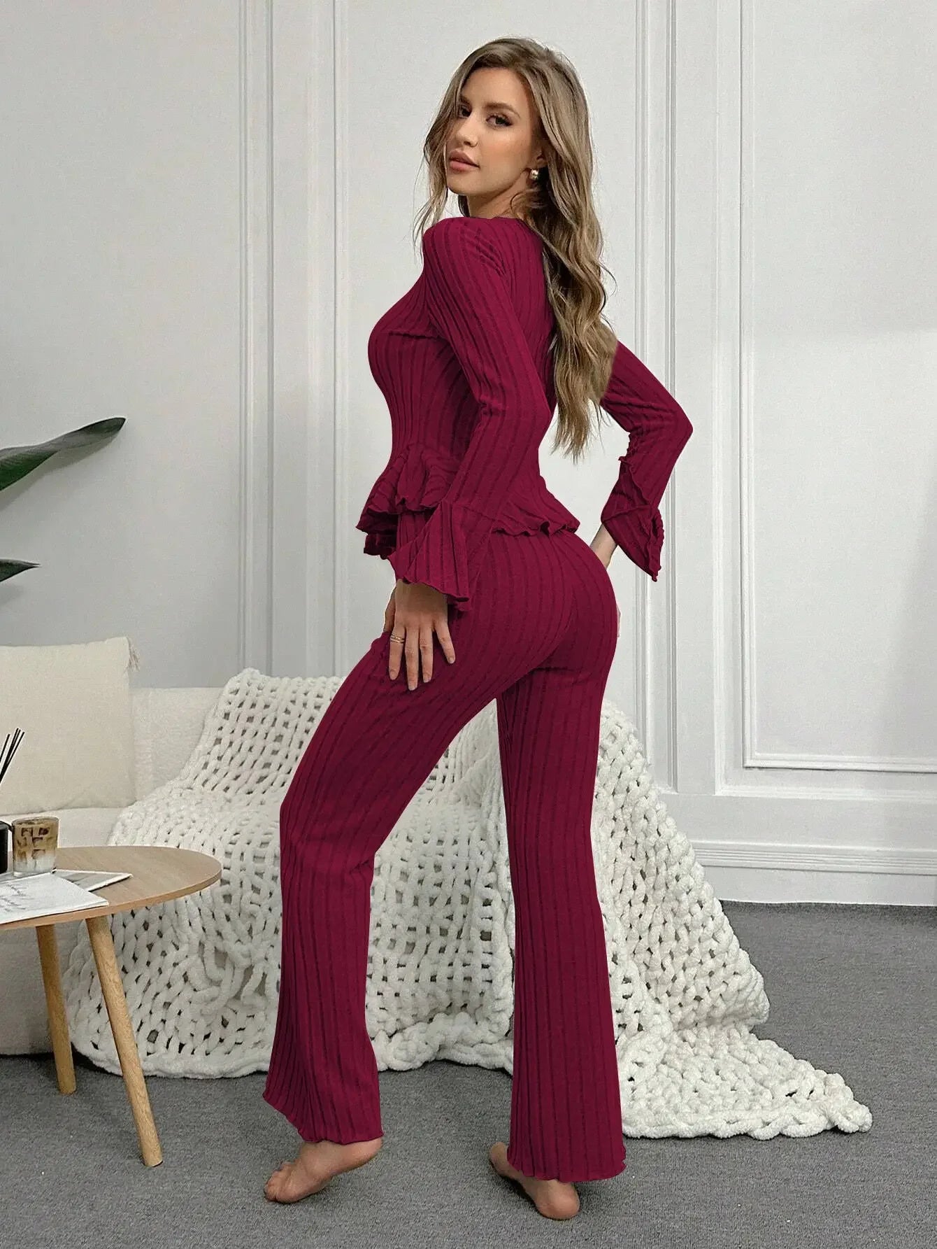 Ropa de dormir para mujer, conjuntos de pijamas de otoño e invierno, dos piezas, Tops y pantalones sexis de manga larga con cuello en V, ropa de descanso para el hogar
