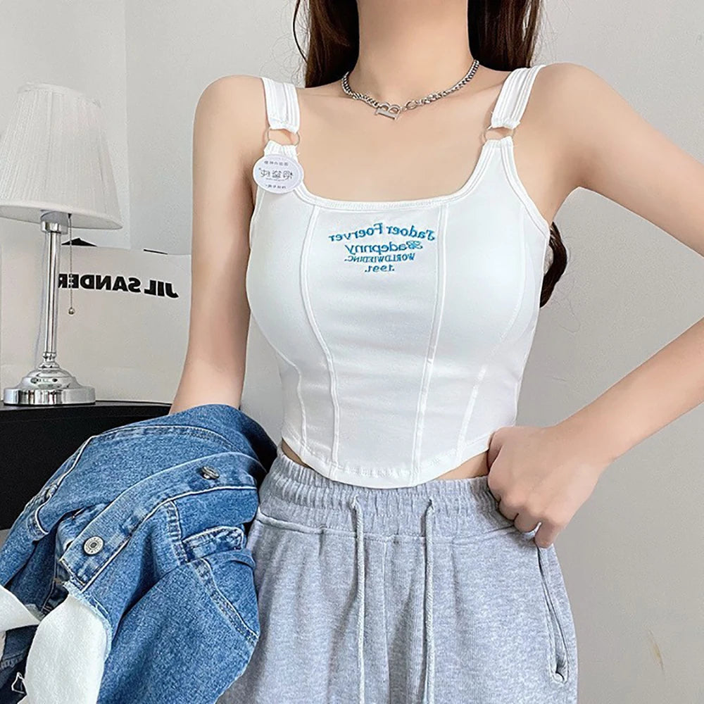 Top corto Y2K para mujer, camiseta sin mangas ajustada con dobladillo, informal, Sexy, ropa de calle blanca, camisetas sin mangas con letras y almohadilla，top mujer tops for women 2023，women's tops tees top y2k