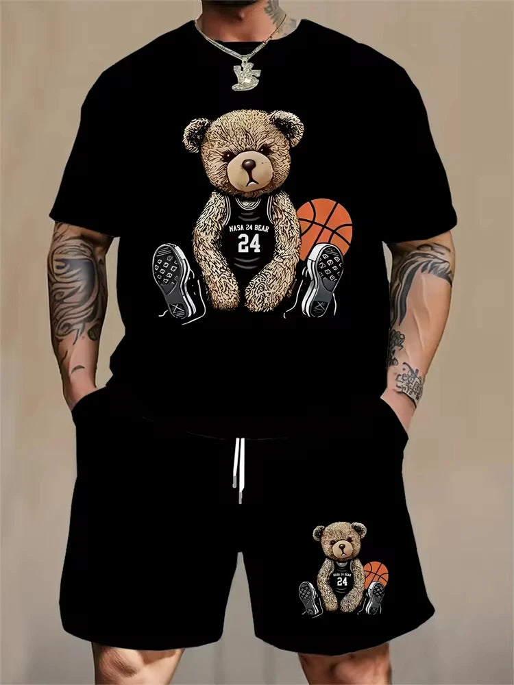 Conjunto informal de verano para hombre, pantalones cortos de playa para deportes al aire libre, moda urbana, estampado de oso, camiseta de manga corta ligera, 2025