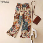 ZANZEA-pantalones informales de pierna ancha para mujer, pantalón Vintage con estampado Floral de Cachemira, cintura elástica, pantalones de algodón transpirables para primavera 2025