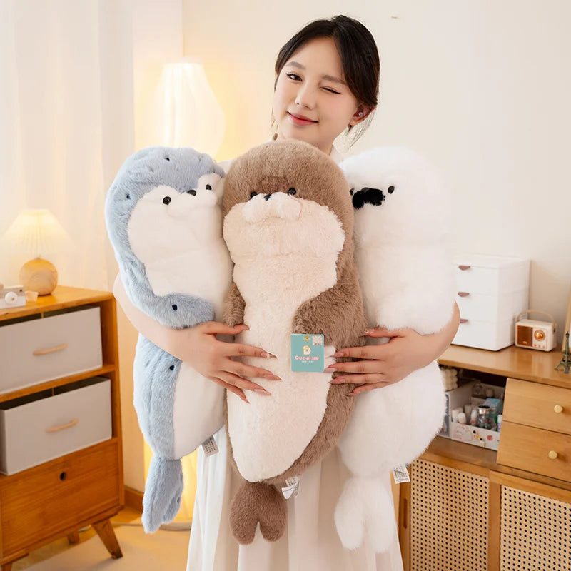 Sello de auriculares de dibujos animados de alta calidad, lontra marina, juguete de peluche, bola, cojín redondo, almohada para niños, regalo de cumpleaños, siesta escolar y sueño