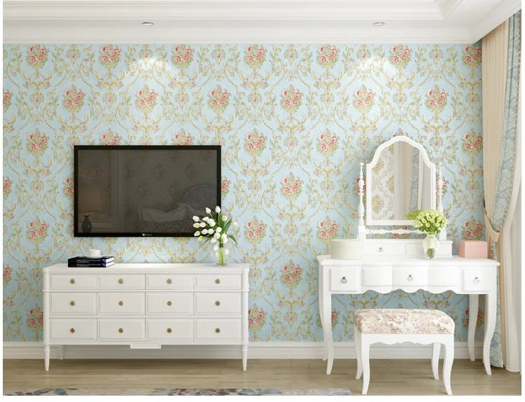 Papel tapiz europeo autoadhesivo flor pastoral pegatinas de pared de lujo autoadhesivo dormitorio sala de estar pared de fondo del hogar wal
