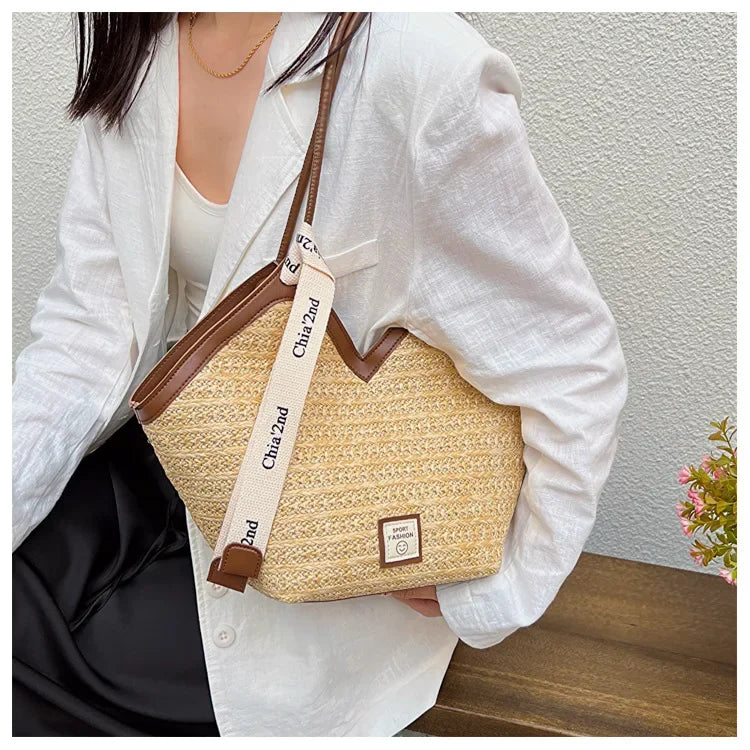 Bolso de hombro de paja para mujer, bolsa de hombro tejida a mano, estilo Retro, ideal para el verano