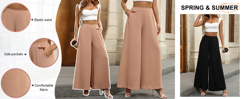 Pantalones de pierna ancha de talle alto para mujer Palazzo Casual Cintura elástica Lounge Pantalones largos fluidos con bolsillos