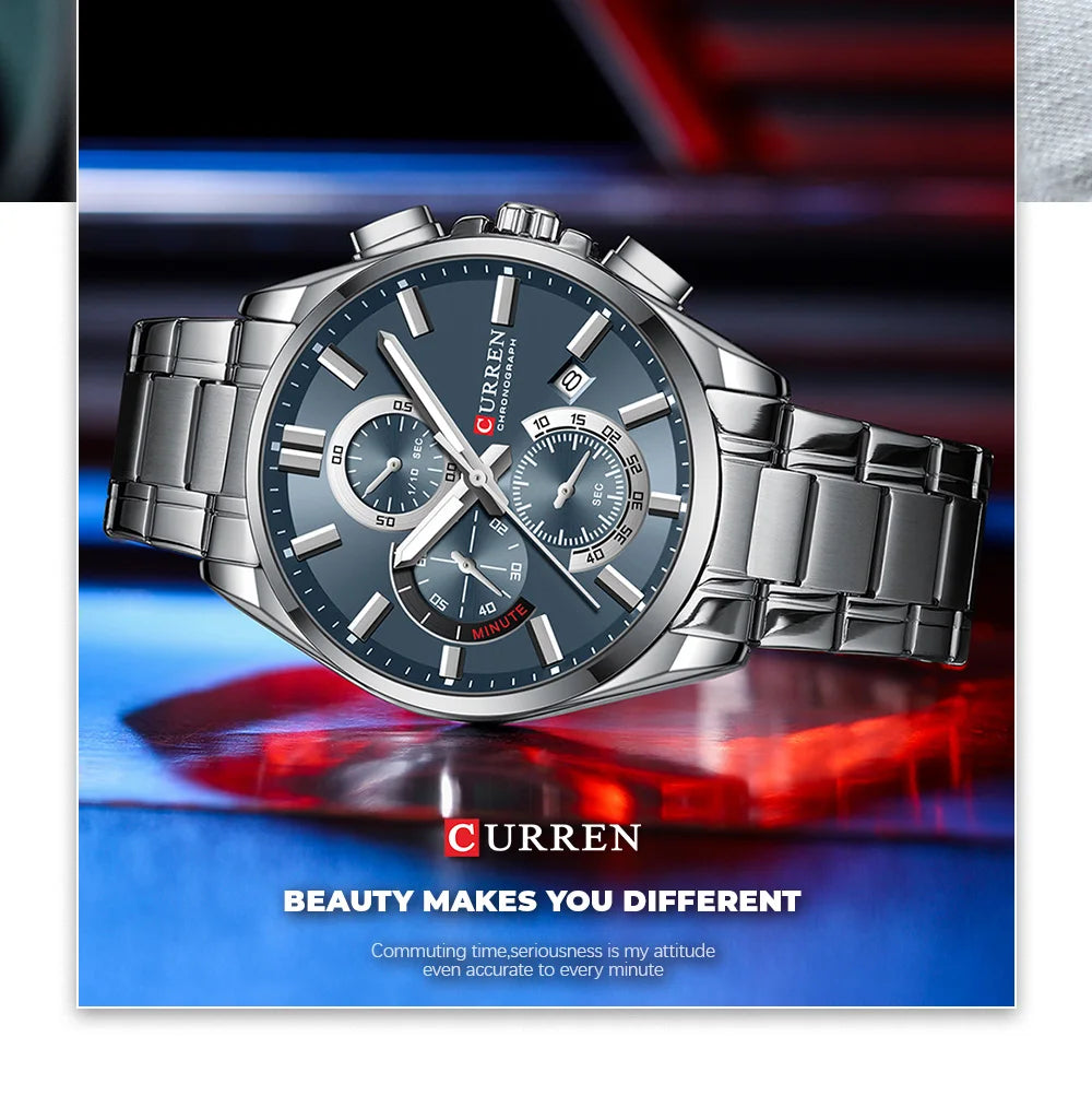 Relojes CURREN para hombre, relojes de lujo de primeras marcas para hombre, cronógrafo Original resistente al agua de acero inoxidable, fase lunar, fecha, esfera giratoria
