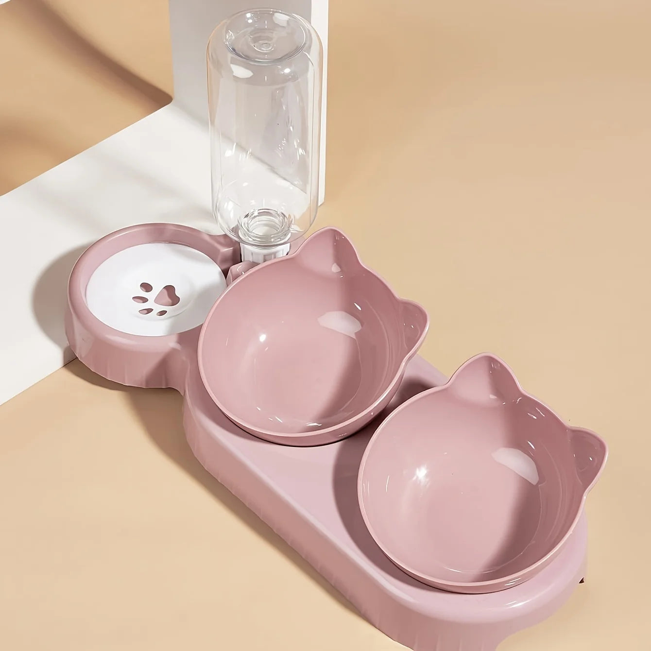 Cuencos para mascotas con alimentador de agua, diseño de oreja inclinado, juego de cuencos para agua y comida para gatos con botella de agua por gravedad para protección del cuello, 3 en 1