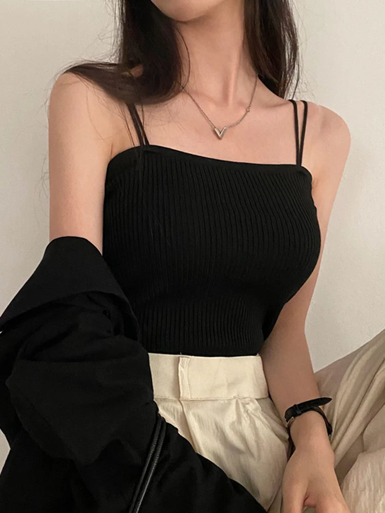 2025 Tops cortos informales con cuello Halter para mujer, camisola sin mangas con tirantes y espalda descubierta, camiseta sin mangas ajustada y sólida, chaleco recortado de tubo para mujer