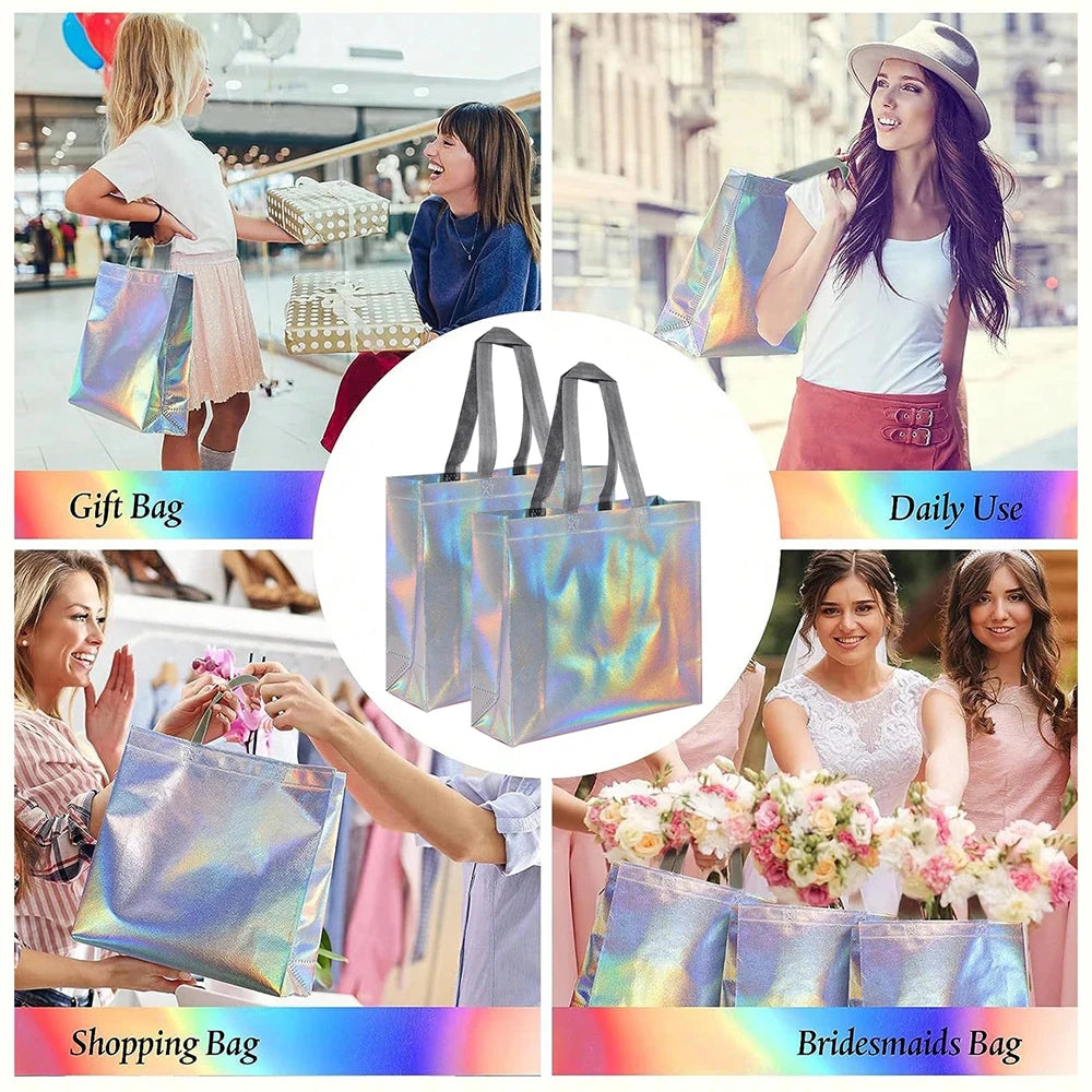 Bolsa de regalo reutilizable plateada, bolsas de compras para comestibles, se aplican a damas de honor, fiesta de cumpleaños, boda, despedida de soltero