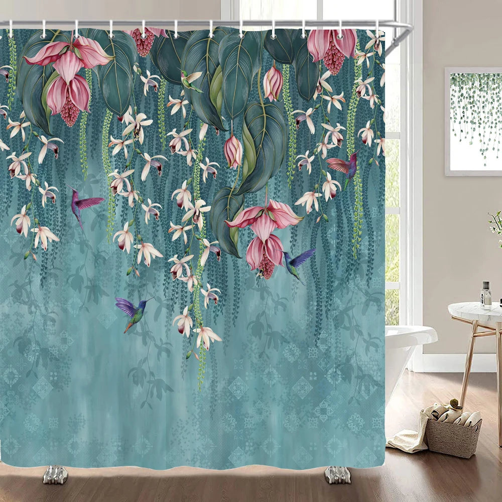 Cortinas de baño de flores, pájaros y plantas europeas, cortina de ducha impermeable, decoración de baño con impresión 3D con gancho, pantalla de baño