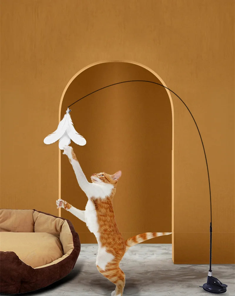 Palo Teaser con ventosa para gatos, campana de plumas resistente a las mordeduras, juguetes interactivos para gatos, cabeza de repuesto, suministros de energía para mascotas