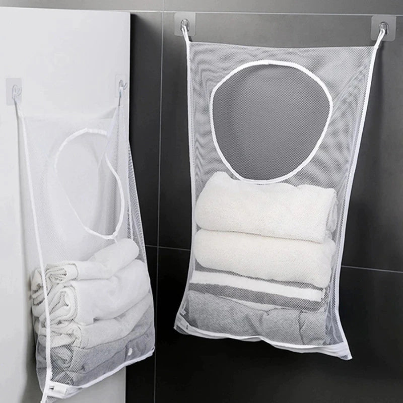 Bolsa de almacenamiento de ropa sucia, cesta con marco, cubo de malla plegable para lavandería, baño, colgante de pared, organizador de ropa para el hogar con gancho
