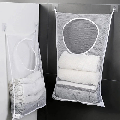 Bolsa de almacenamiento de ropa sucia, cesta con marco, cubo de malla plegable para lavandería, baño, colgante de pared, organizador de ropa para el hogar con gancho