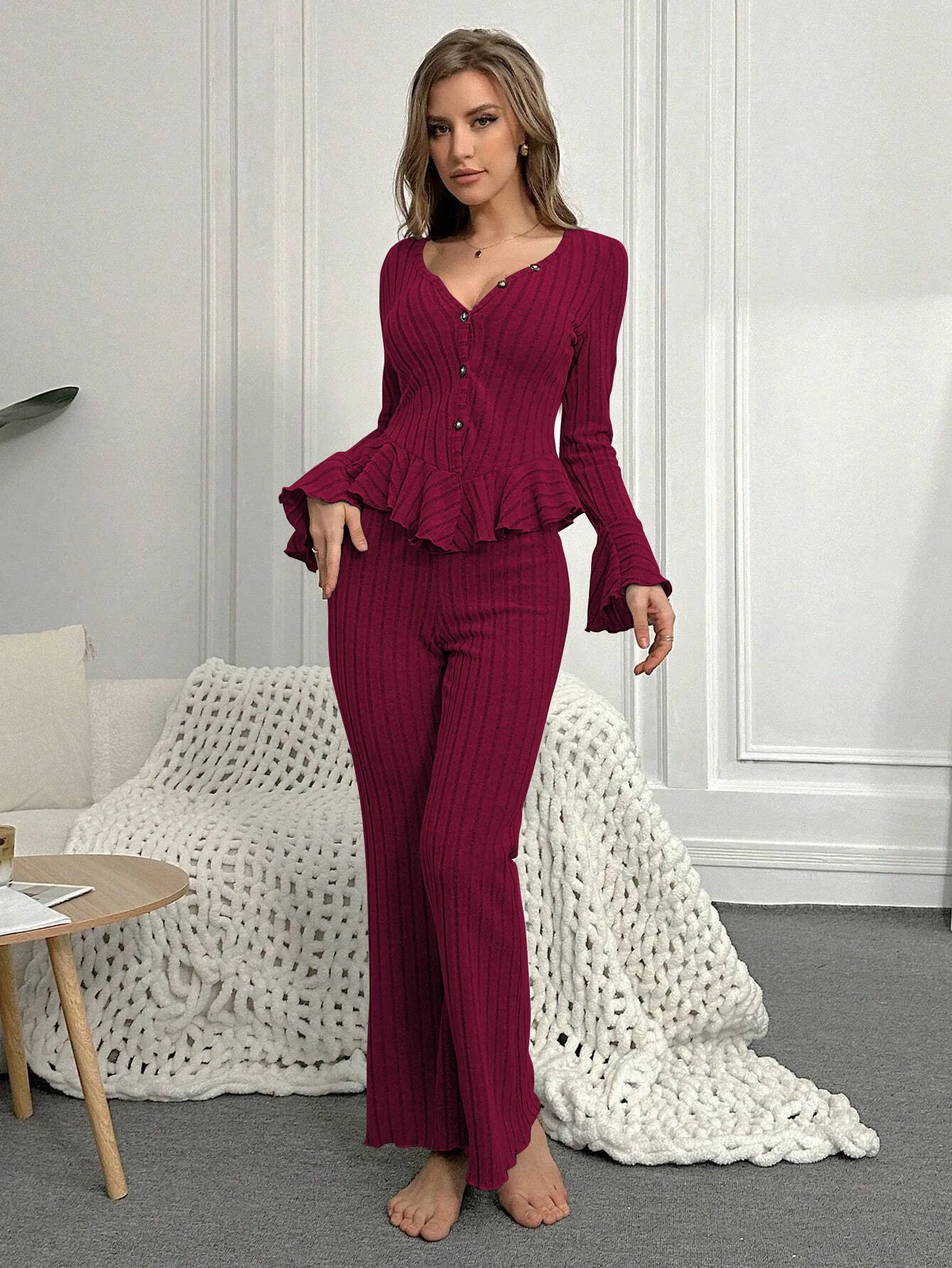 Ropa de dormir para mujer, conjuntos de pijamas de otoño e invierno, dos piezas, Tops y pantalones sexis de manga larga con cuello en V, ropa de descanso para el hogar