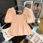 Blusa de Gasa con Manga Abullonada y Cuello Cuad, Estilo Verano 2025, para Mujer, Talla Pequeña