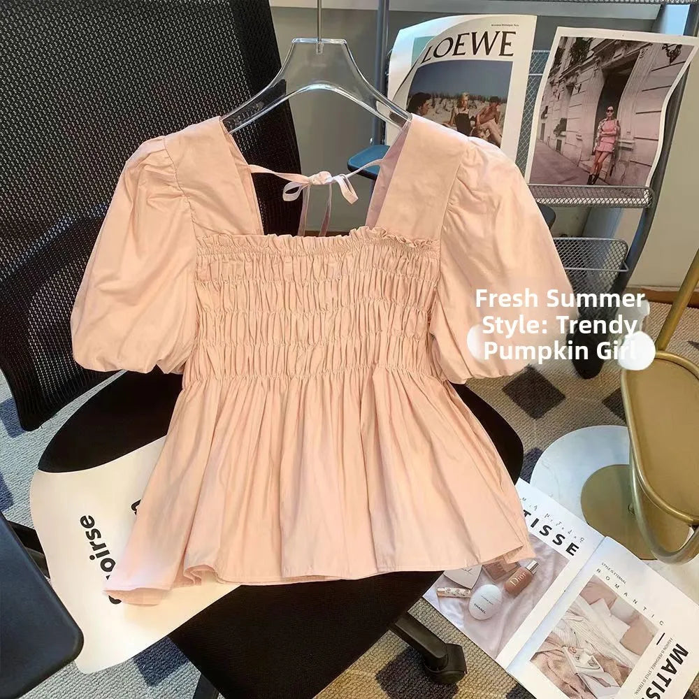 Blusa de Gasa con Manga Abullonada y Cuello Cuad, Estilo Verano 2025, para Mujer, Talla Pequeña