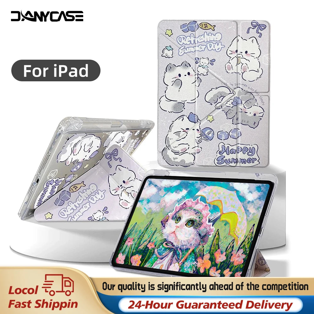 Estuche de gato bonito tipo 3 + Y con portalápices para IPad 2025 11th A16 Pro Air 13 11 M3 M2 M4 2025 12,9 "9 8 7 6 5 4 10Th Mini 7 6