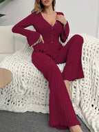 Ropa de dormir para mujer, conjuntos de pijamas de otoño e invierno, dos piezas, Tops y pantalones sexis de manga larga con cuello en V, ropa de descanso para el hogar