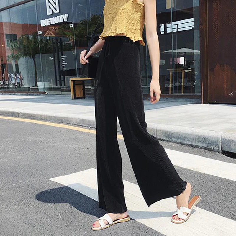 Pantalones de pierna ancha para mujer, pantalón plisado de seda de hielo, cintura elástica, holgado, informal, moda de verano