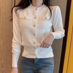 Otoño de manga larga de moda cárdigans para mujer suéter de punto abrigo corto Casual de un solo pecho coreano ajustado Chic señoras Tops 17375