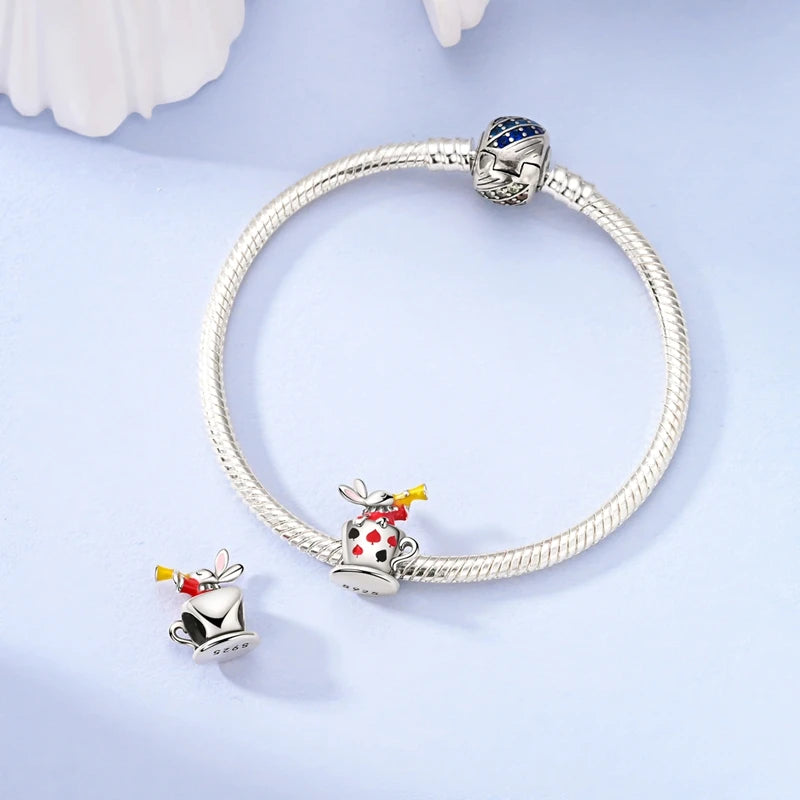 Colgante de Plata de Ley 925 con Diseño de Taza de Té y Conejo, Compatible con Pulseras Originales, Joyería DIY para Mujer