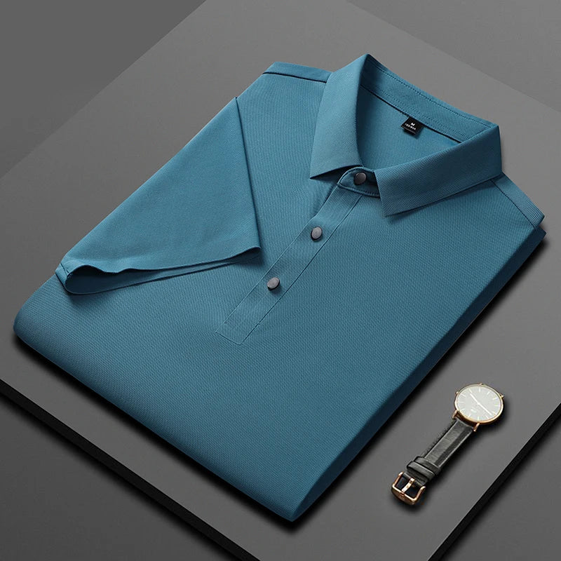 Polo de seda de hielo para hombre, camiseta de manga corta, elástica, sin hierro, fina, ligera, de lujo