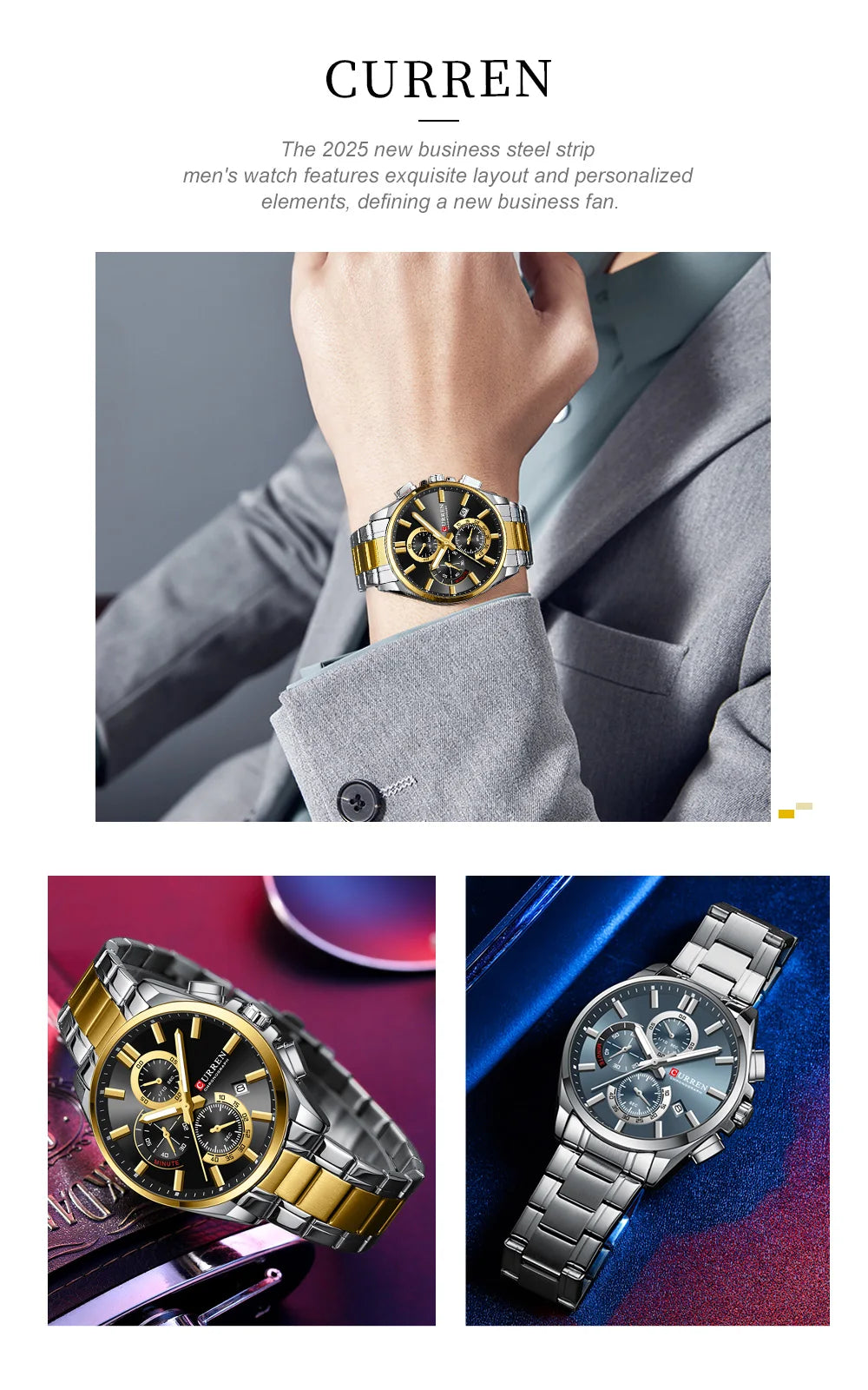 Relojes CURREN para hombre, relojes de lujo de primeras marcas para hombre, cronógrafo Original resistente al agua de acero inoxidable, fase lunar, fecha, esfera giratoria