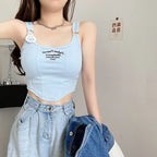 Top corto Y2K para mujer, camiseta sin mangas ajustada con dobladillo, informal, Sexy, ropa de calle blanca, camisetas sin mangas con letras y almohadilla，top mujer tops for women 2023，women's tops tees top y2k