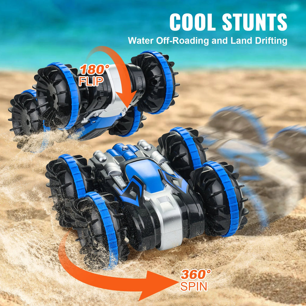 SucceBuy Barco de coche RC anfibio azul/amarillo 2,4 GHz 12 km/h Control remoto eléctrico 360 °   Coche acrobático giratorio, juguetes para piscina de playa y agua