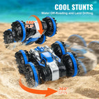 SucceBuy Barco de coche RC anfibio azul/amarillo 2,4 GHz 12 km/h Control remoto eléctrico 360 °   Coche acrobático giratorio, juguetes para piscina de playa y agua
